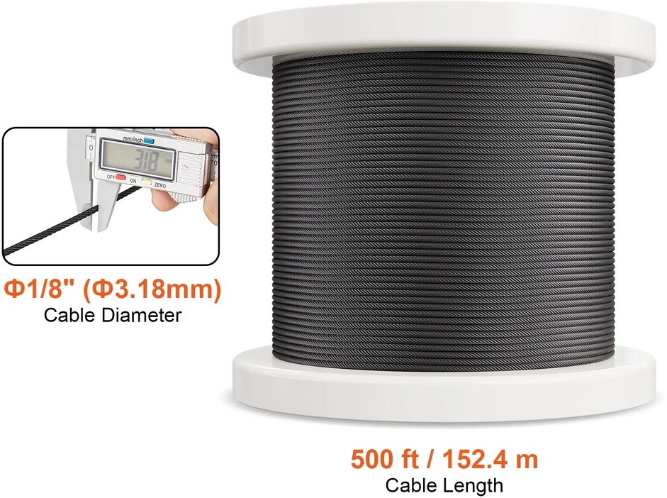 VEVOR Nerūdijančio plieno lynas 1/8" 7x7, 152.4 m
