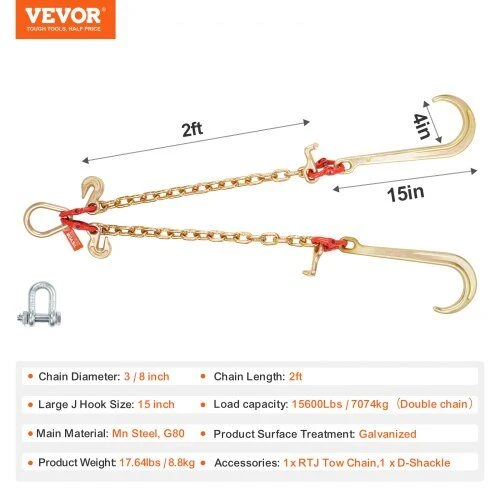 VEVOR G80 60 cm vilkimo grandinė su kabliais