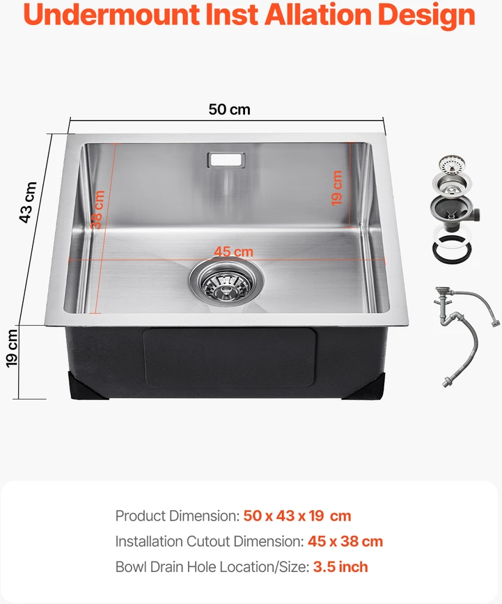 VEVOR 50 cm virtuvės plautuvė iš nerūdijančio plieno