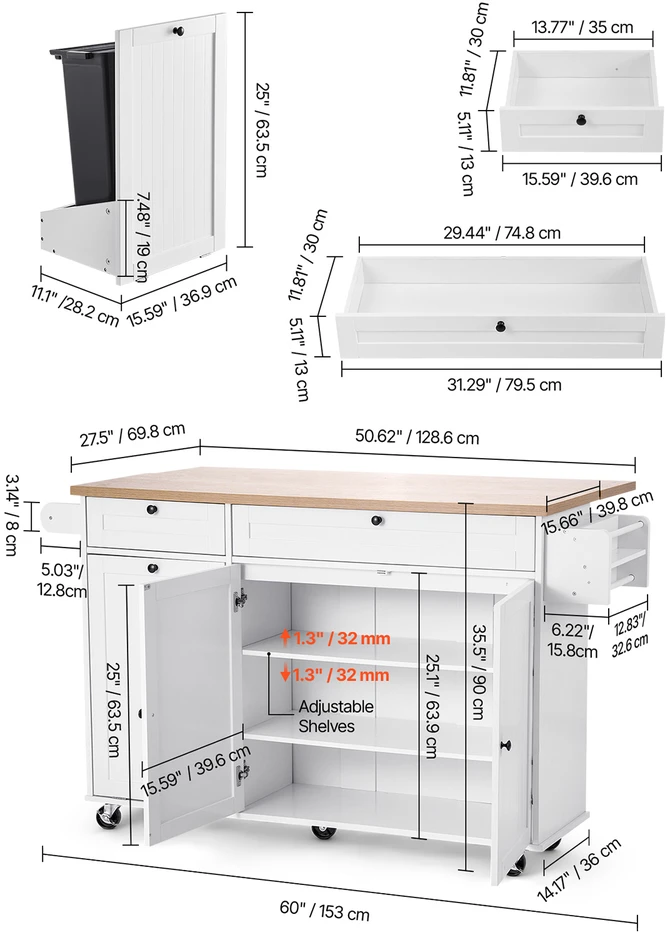 VEVOR 153 cm virtuvinis stalas su ratukais ir stalčiumi