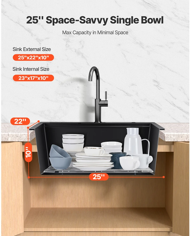 VEVOR 63 cm granito virtuvinė kriauklė vieno dubens