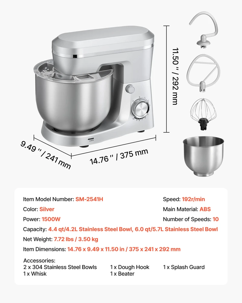 Plakiklis VEVOR Virtuvinis mikseris, 4.2 L+5.7 L, 1500W
