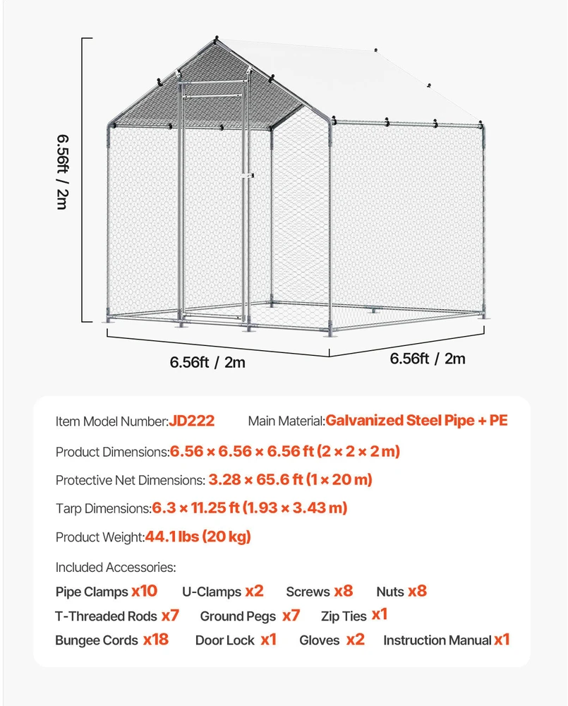 VEVOR Didelis metalinis vištų voljeras 2 x 2 x 2 m