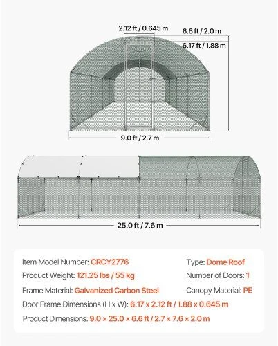 VEVOR Didelis metalinis vištidės voljeras 2,7 x 7,6 x 2 m