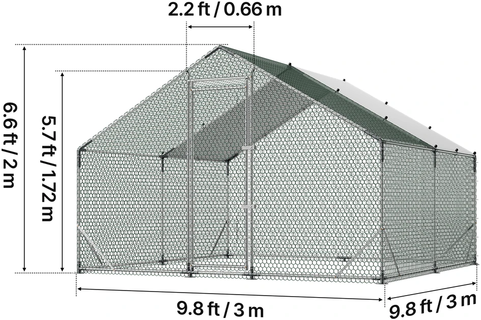 VEVOR Didelis metalinis vištidės voljeras 3 x 3 x 2 m