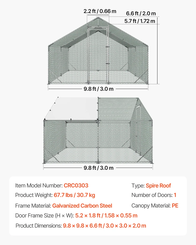 VEVOR Didelis metalinis vištidės voljeras 3 x 3 x 2 m