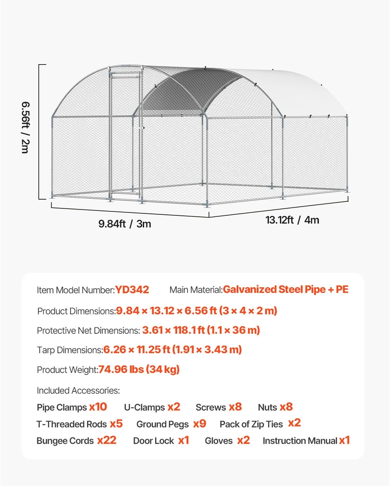 VEVOR Metalinė vištidė 3x4x2 m su užraktu