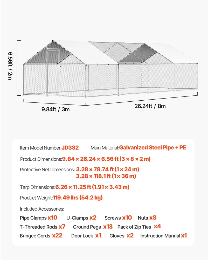 VEVOR Didelė metalinė vištidė 3 x 8 x 2 m