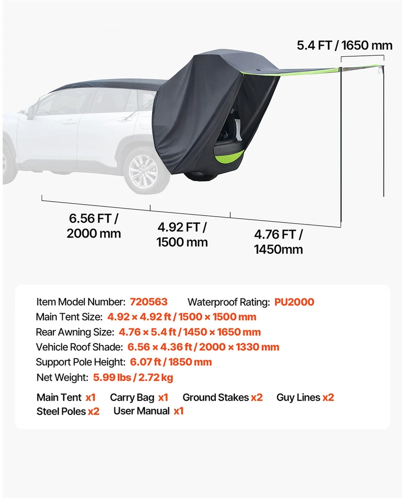 VEVOR Automobilio galinės dalies palapinė su stogeliu nuo saulės, PU2000 mm