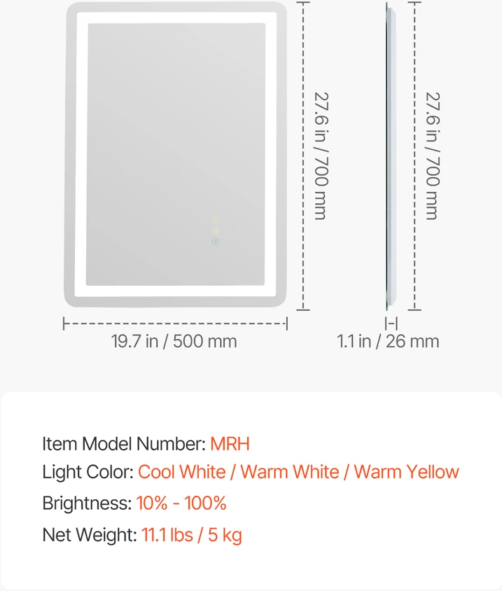 VEVOR LED vonios veidrodis su trimis spalvomis ir antirūko funkcija 50 x 70 cm