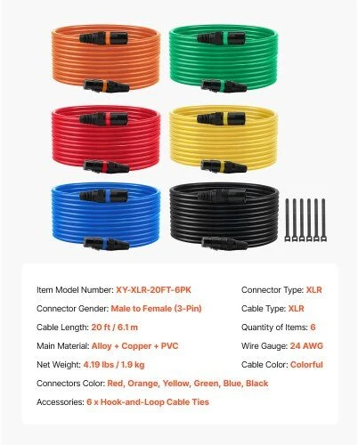 Namų kino sistema VEVOR XLR kabeliai 6,1 m, 6 vnt., mikrofonams