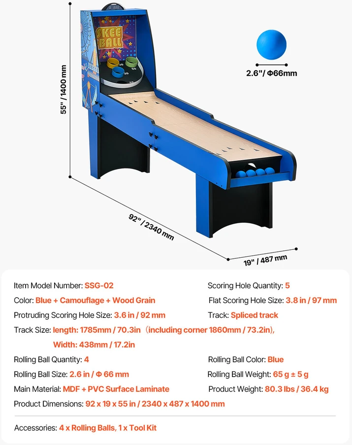 VEVOR 2,4 m ilgio ritinio ir taškų arcade stalas