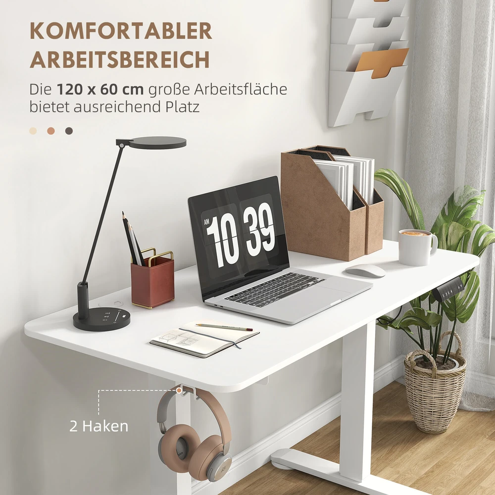 Vinsetto elektrinis reguliuojamo aukščio stalas 120 x 60 cm kompiuterio stalas su 3 atminties nustatymais, ergonomiškas stovimas-sėdimas stalas su apsauga nuo susidūrimo, 2 kabliukai, baltas
