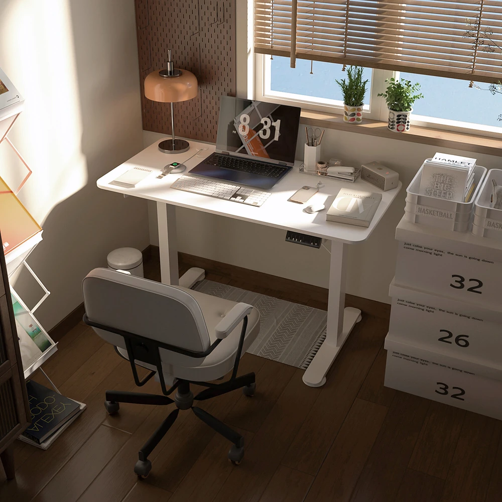Vinsetto elektrinis reguliuojamo aukščio stalas 120 x 60 cm kompiuterio stalas su 3 atminties nustatymais, ergonomiškas stovimas-sėdimas stalas su apsauga nuo susidūrimo, 2 kabliukai, baltas