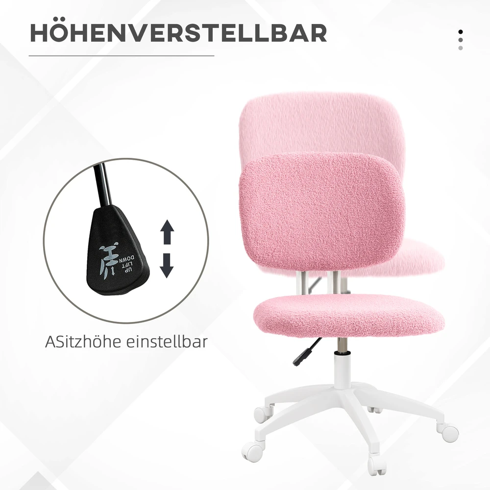 Vinsetto biuro kėdė, ergonomiška darbo kėdė, reguliuojamo aukščio kompiuterio kėdė be porankių, besisukanti kėdė, aksominė, rožinė