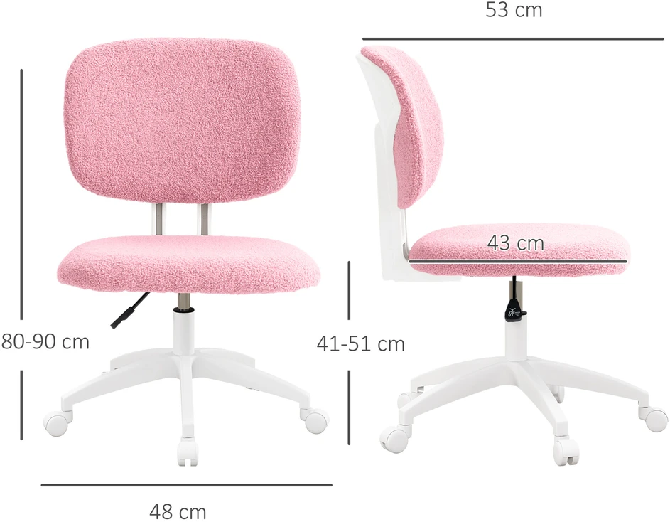 Vinsetto biuro kėdė, ergonomiška darbo kėdė, reguliuojamo aukščio kompiuterio kėdė be porankių, besisukanti kėdė, aksominė, rožinė