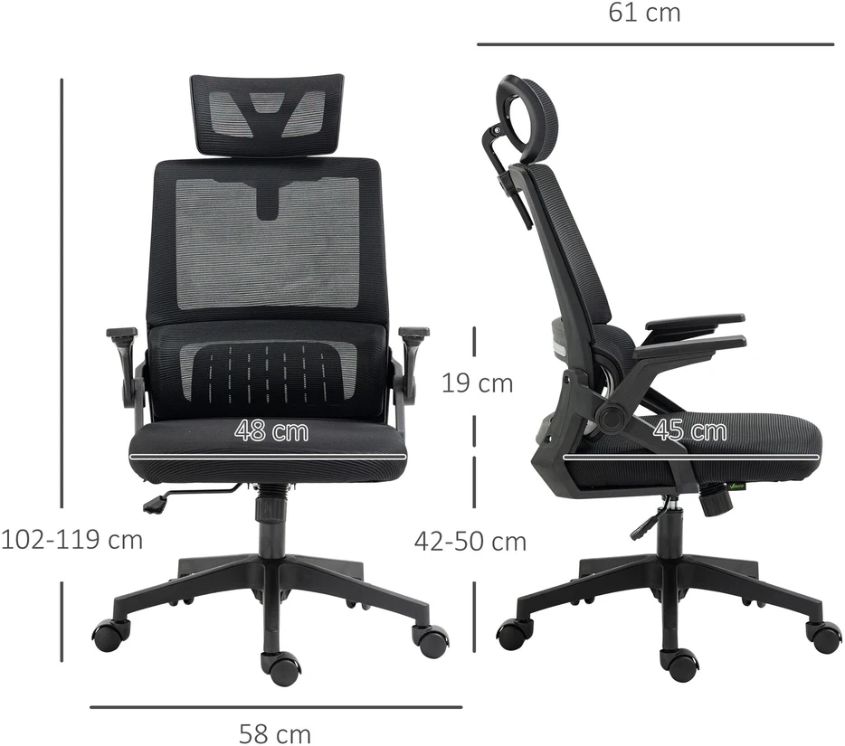 Ergonomiška biuro kėdė Vinsetto, reguliuojama, su galvos atrama, porankiais ir supimosi funkcija, juoda