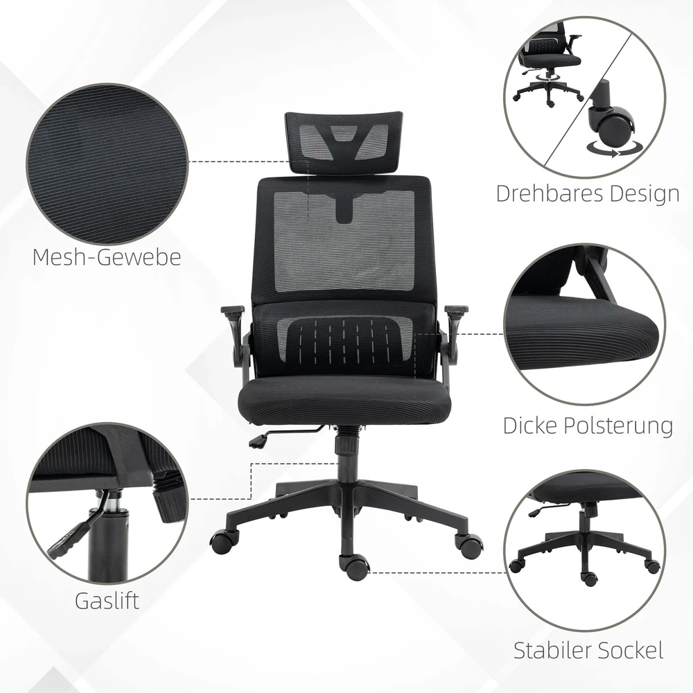 Ergonomiška biuro kėdė Vinsetto, reguliuojama, su galvos atrama, porankiais ir supimosi funkcija, juoda