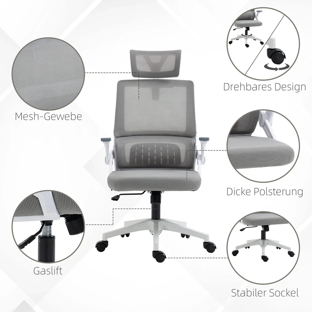 Vinsetto ergonomiška biuro kėdė, reguliuojama rašomojo stalo kėdė su galvos atrama, porankiais, reguliuojamu aukščiu, besisukanti, su supimosi funkcija, juosmens atrama, tinklelis