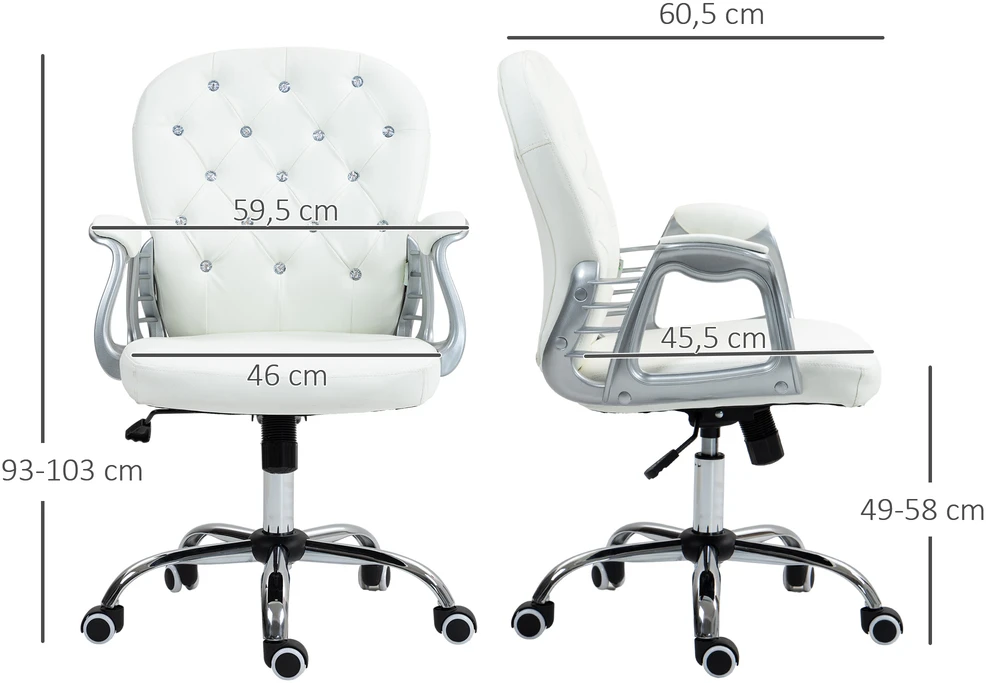 Biuro kėdė Vinsetto, ergonomiška darbo kėdė su porankiais, paminkštintas atlošas, reguliuojamo aukščio kompiuterio kėdė su dirbtinės odos apdaila, sukamoji kėdė namų biurui, balta