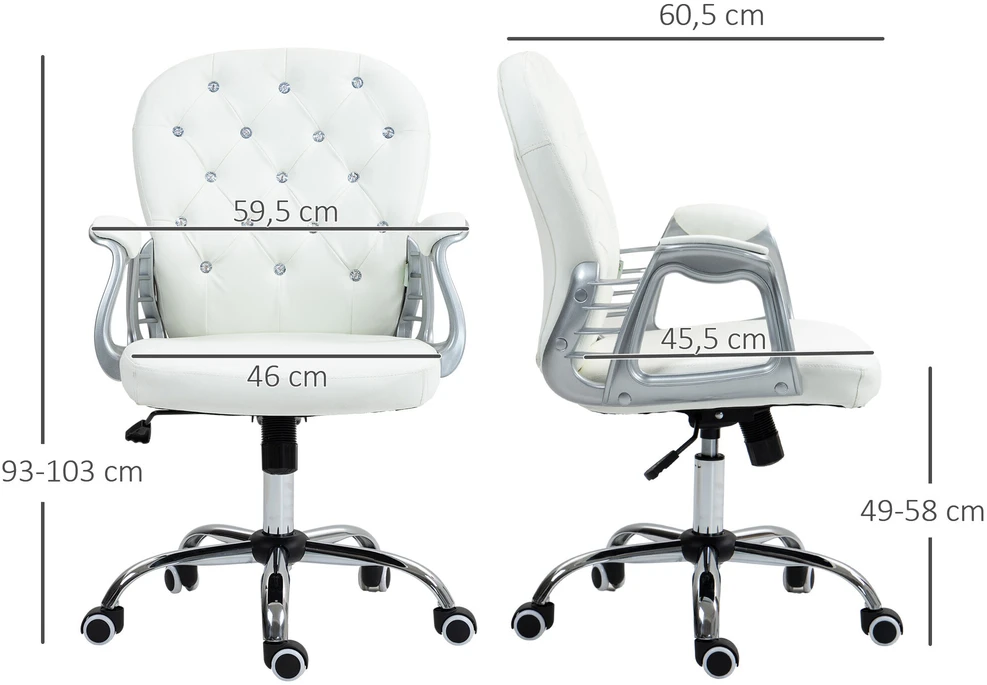 Biuro kėdė Vinsetto, ergonomiška darbo kėdė su porankiais, paminkštintas atlošas, reguliuojamo aukščio kompiuterio kėdė su dirbtinės odos apdaila, sukamoji kėdė namų biurui, balta