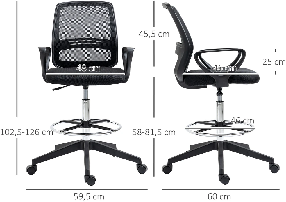 Vinsetto darbo kėdė, ergonomiška sukamoji kėdė, biuro kėdė, reguliuojamo aukščio stovimoji kėdė, kojų atrama, metalas, juoda, 59,5x60x102,5–126 cm