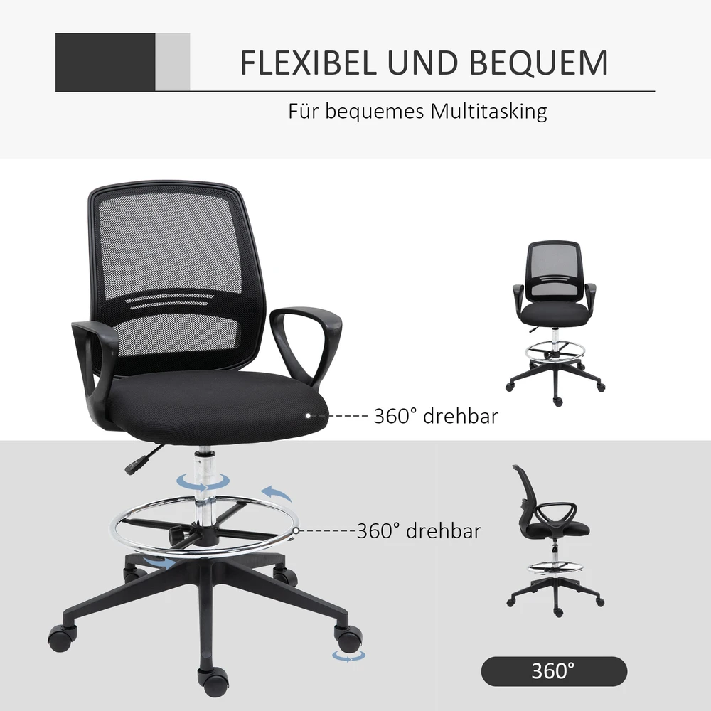 Vinsetto darbo kėdė, ergonomiška sukamoji kėdė, biuro kėdė, reguliuojamo aukščio stovimoji kėdė, kojų atrama, metalas, juoda, 59,5x60x102,5–126 cm