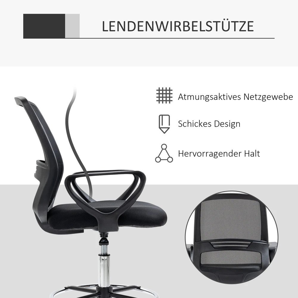 Vinsetto darbo kėdė, ergonomiška sukamoji kėdė, biuro kėdė, reguliuojamo aukščio stovimoji kėdė, kojų atrama, metalas, juoda, 59,5x60x102,5–126 cm