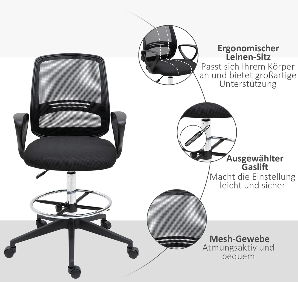 Vinsetto darbo kėdė, ergonomiška sukamoji kėdė, biuro kėdė, reguliuojamo aukščio stovimoji kėdė, kojų atrama, metalas, juoda, 59,5x60x102,5–126 cm