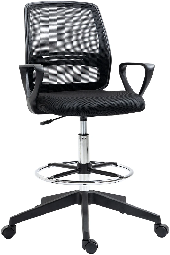 Vinsetto darbo kėdė, ergonomiška sukamoji kėdė, biuro kėdė, reguliuojamo aukščio stovimoji kėdė, kojų atrama, metalas, juoda, 59,5x60x102,5–126 cm