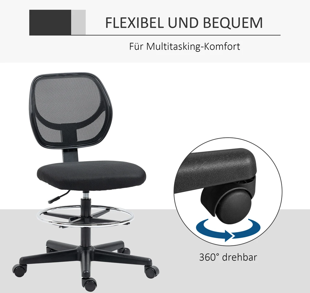Vinsetto biuro kėdė ergonomiška pasukama kėdė su reguliuojamu kojų žiedu, reguliuojamo aukščio 93-113 cm, su ratukais, juoda