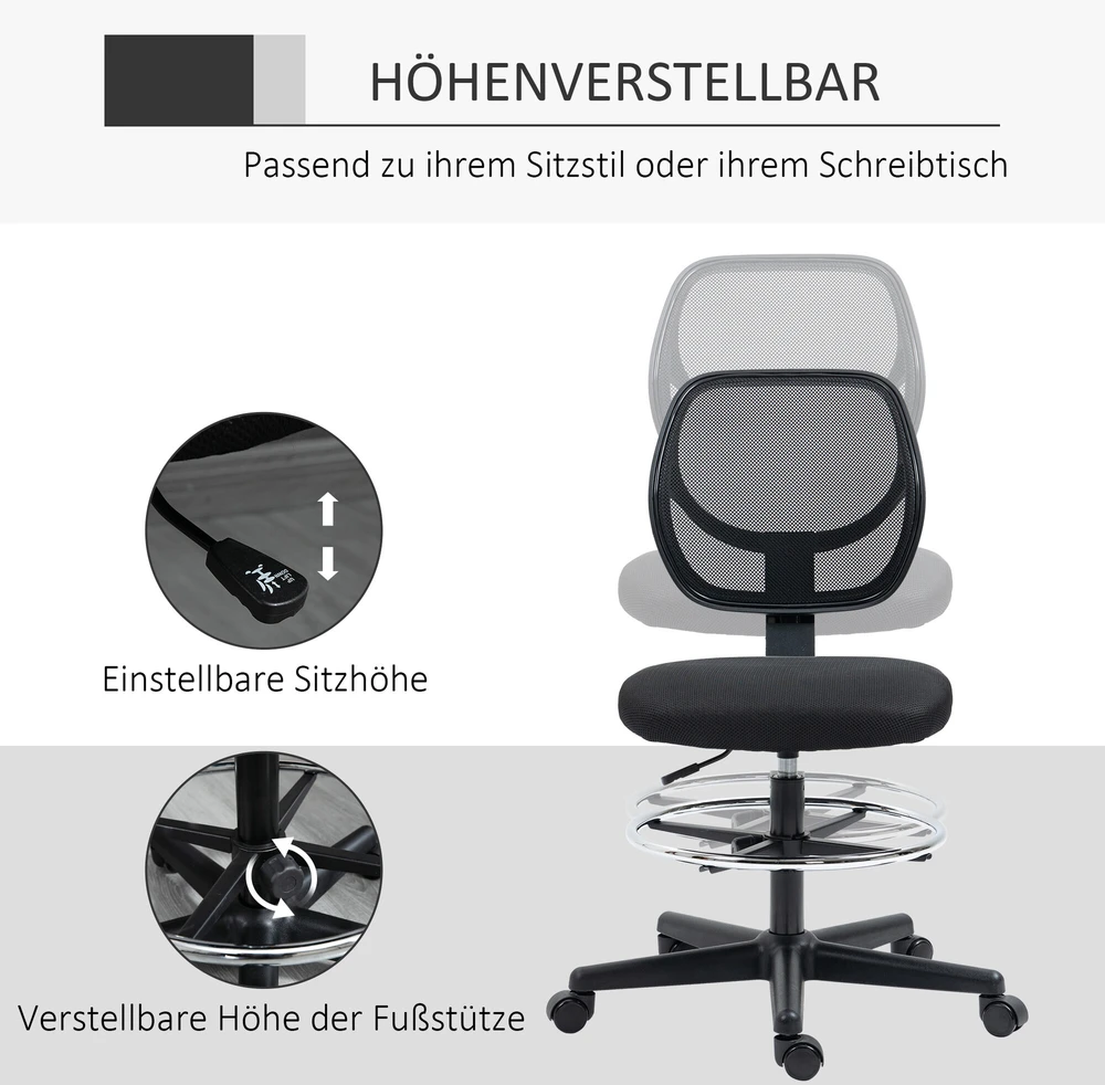 Vinsetto biuro kėdė ergonomiška pasukama kėdė su reguliuojamu kojų žiedu, reguliuojamo aukščio 93-113 cm, su ratukais, juoda