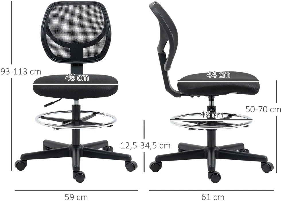 Vinsetto biuro kėdė ergonomiška pasukama kėdė su reguliuojamu kojų žiedu, reguliuojamo aukščio 93-113 cm, su ratukais, juoda