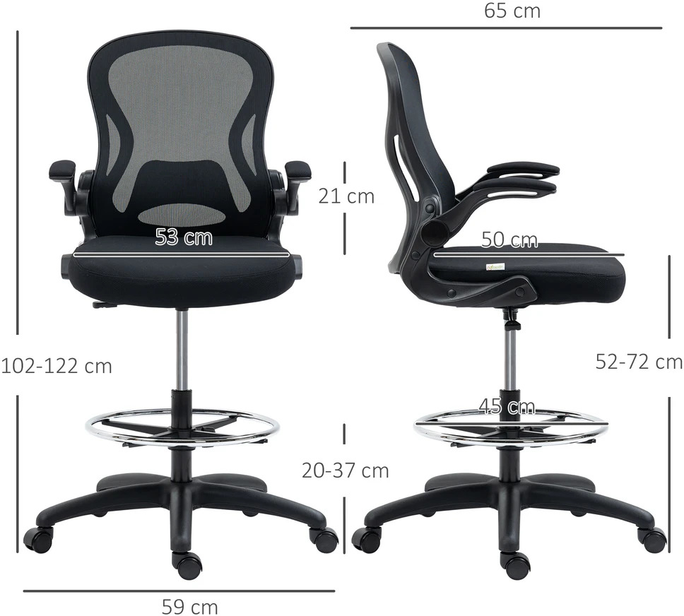 Vinsetto biuro kėdė, ergonomiška darbo kėdė su reguliuojamu kojų žiedu, 110-130 cm aukščio, su ratukais ir juosmens atrama, juoda