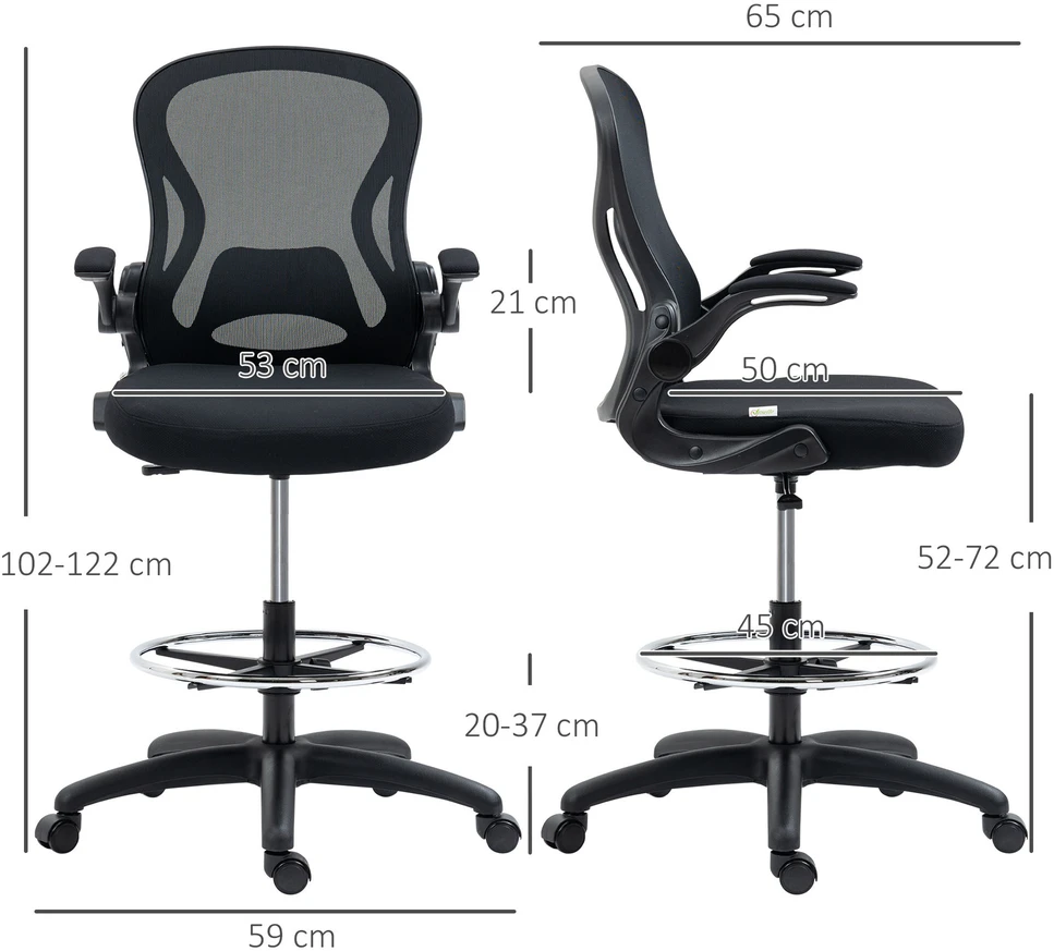 Vinsetto biuro kėdė, ergonomiška darbo kėdė su reguliuojamu kojų žiedu, 110-130 cm aukščio, su ratukais ir juosmens atrama, juoda