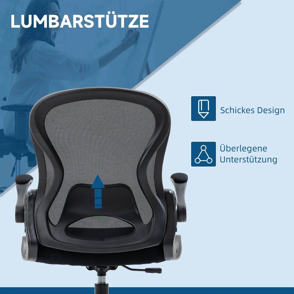 Vinsetto biuro kėdė, ergonomiška darbo kėdė su reguliuojamu kojų žiedu, 110-130 cm aukščio, su ratukais ir juosmens atrama, juoda
