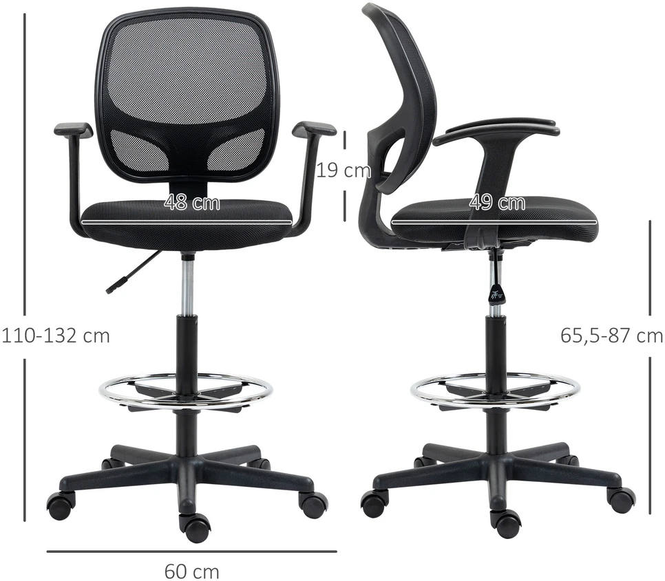 Vinsetto ergonominė biuro kėdė, darbo kėdė, sukamoji kėdė, kėdė piešimui, reguliuojamas kojų žiedas, iki 120 kg, juoda, 60x56x110-132 cm