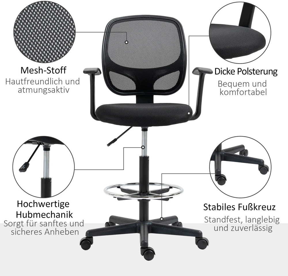 Vinsetto ergonominė biuro kėdė, darbo kėdė, sukamoji kėdė, kėdė piešimui, reguliuojamas kojų žiedas, iki 120 kg, juoda, 60x56x110-132 cm