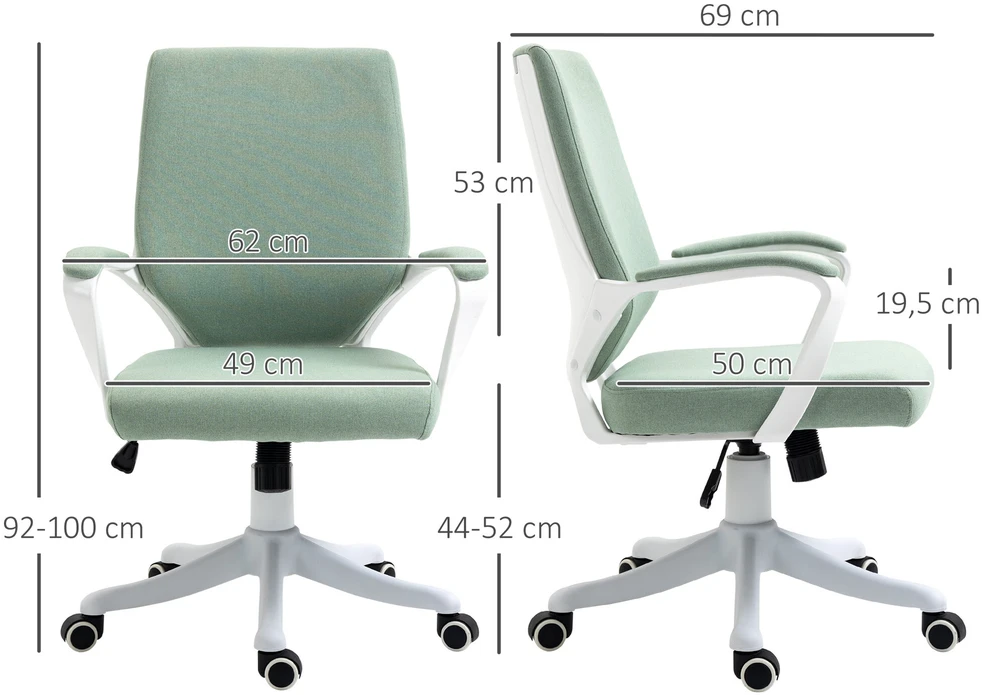 Vinsetto biuro kėdė su supimosi funkcija, ergonomiška nugaros atrama, paminkštinta sėdynė, 360° ratukai, poliesteris, žalia ir balta, 62x69x92-100 cm