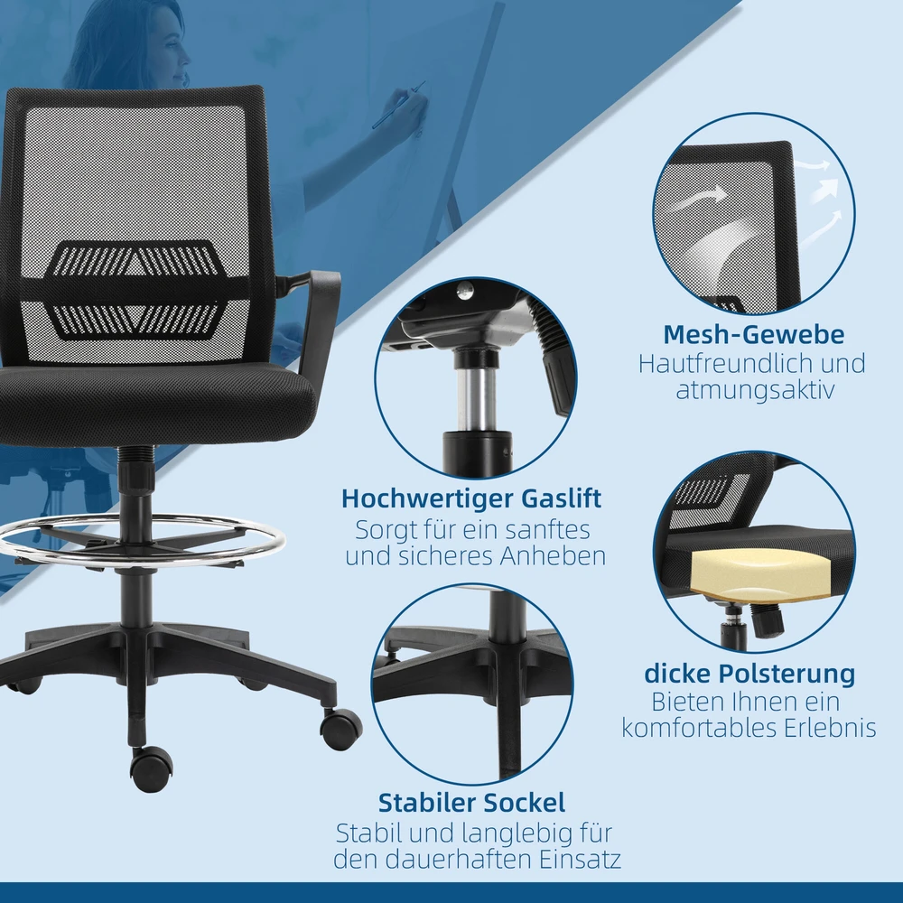 Vinsetto ergonominė biuro kėdė su reguliuojamu pėdų žiedu, juosmens atrama, reguliuojamo aukščio tinkline kėde, supimosi funkcija, kompiuterio kėdė, juoda