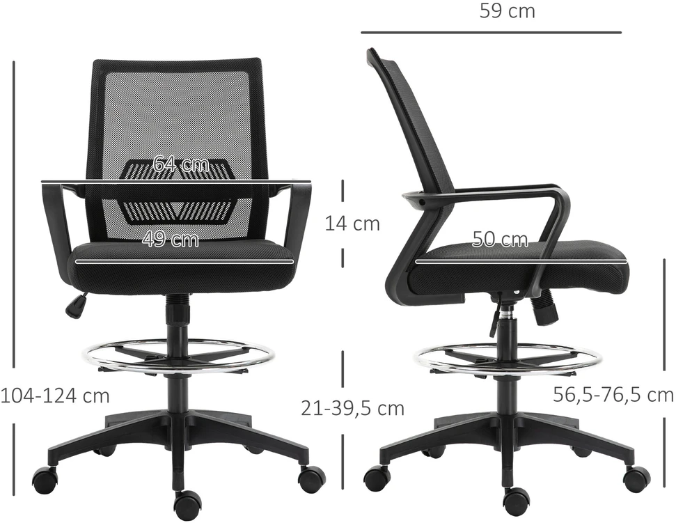Vinsetto ergonominė biuro kėdė su reguliuojamu pėdų žiedu, juosmens atrama, reguliuojamo aukščio tinkline kėde, supimosi funkcija, kompiuterio kėdė, juoda