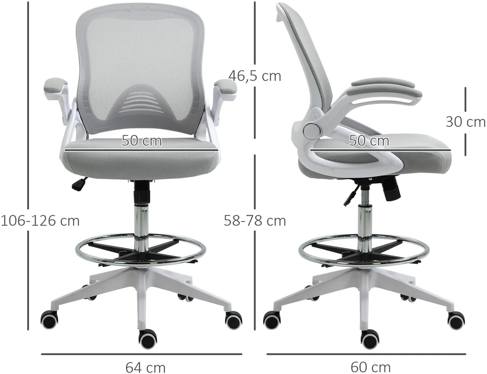 Biuro kėdė Vinsetto, ergonomiška darbo kėdė su atlenkiamais porankiais ir reguliuojamu pėdų žiedu, reguliuojamo aukščio besisukanti kėdė su supimosi funkcija, tinklelio apmušalas, šviesiai pilka