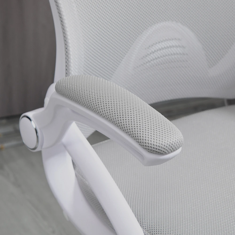 Biuro kėdė Vinsetto, ergonomiška darbo kėdė su atlenkiamais porankiais ir reguliuojamu pėdų žiedu, reguliuojamo aukščio besisukanti kėdė su supimosi funkcija, tinklelio apmušalas, šviesiai pilka