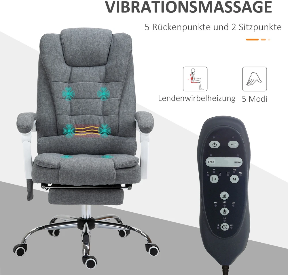Vinsetto biuro kėdė su masažo funkcija, ergonomiška darbo kėdė su atlošimo funkcija, šildymu, reguliuojamo aukščio pasukama kėdė su kojų atrama, šonine kišene, nuotolinio valdymo pultu, pilka | Aosom