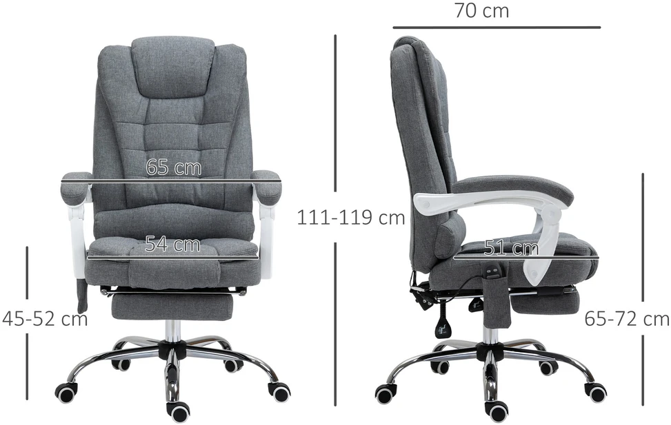 Vinsetto biuro kėdė su masažo funkcija, ergonomiška darbo kėdė su atlošimo funkcija, šildymu, reguliuojamo aukščio pasukama kėdė su kojų atrama, šonine kišene, nuotolinio valdymo pultu, pilka | Aosom
