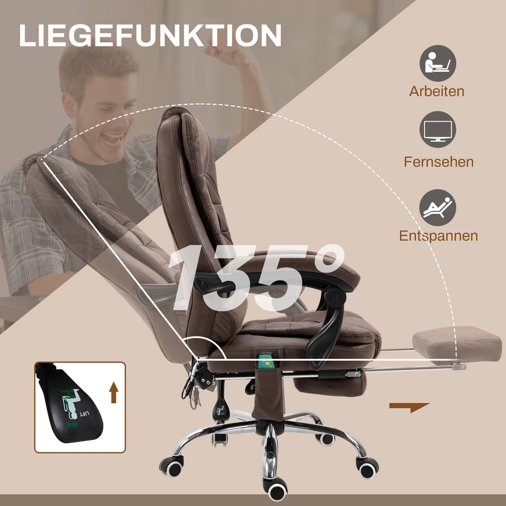Vinsetto biuro kėdė su masažo funkcija, ergonomiška darbo kėdė su atlošimo ir šildymo funkcija, reguliuojamo aukščio kompiuterio kėdė su kojų atrama, šonine kišene ir pulteliu, ruda