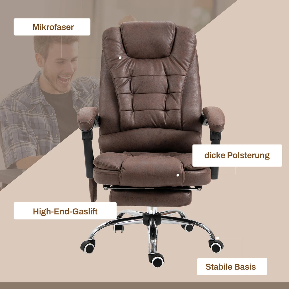 Vinsetto biuro kėdė su masažo funkcija, ergonomiška darbo kėdė su atlošimo ir šildymo funkcija, reguliuojamo aukščio kompiuterio kėdė su kojų atrama, šonine kišene ir pulteliu, ruda