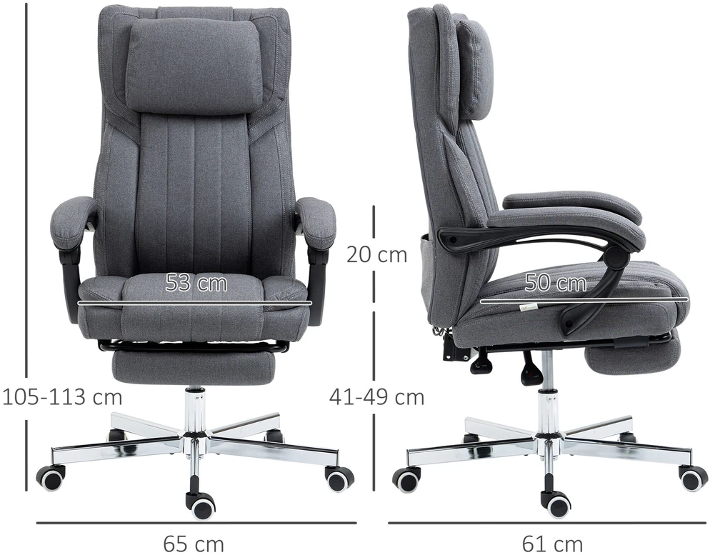 Vinsetto biuro kėdė su 5 masažo režimais, ergonomiška darbo kėdė su atsilenkimo funkcija, reguliuojamu aukščiu, kojų atrama, lino imitacijos, pilka