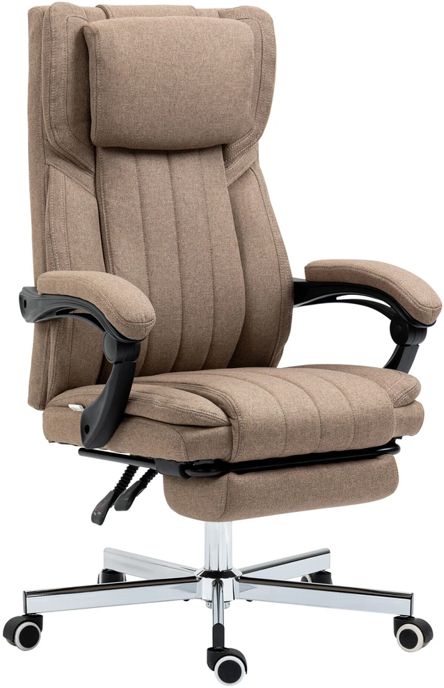 Vinsetto ergonomiška biuro kėdė su 5 masažo režimais, reguliuojamu atlošu, galvos atrama, kojų atrama, aukščiu reguliuojama, besisukanti, su nuotolinio valdymo pultu, lino audinio išvaizdos, ruda