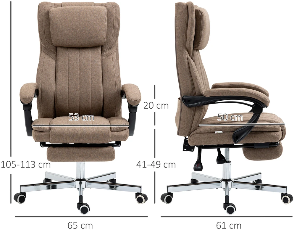 Vinsetto ergonomiška biuro kėdė su 5 masažo režimais, reguliuojamu atlošu, galvos atrama, kojų atrama, aukščiu reguliuojama, besisukanti, su nuotolinio valdymo pultu, lino audinio išvaizdos, ruda